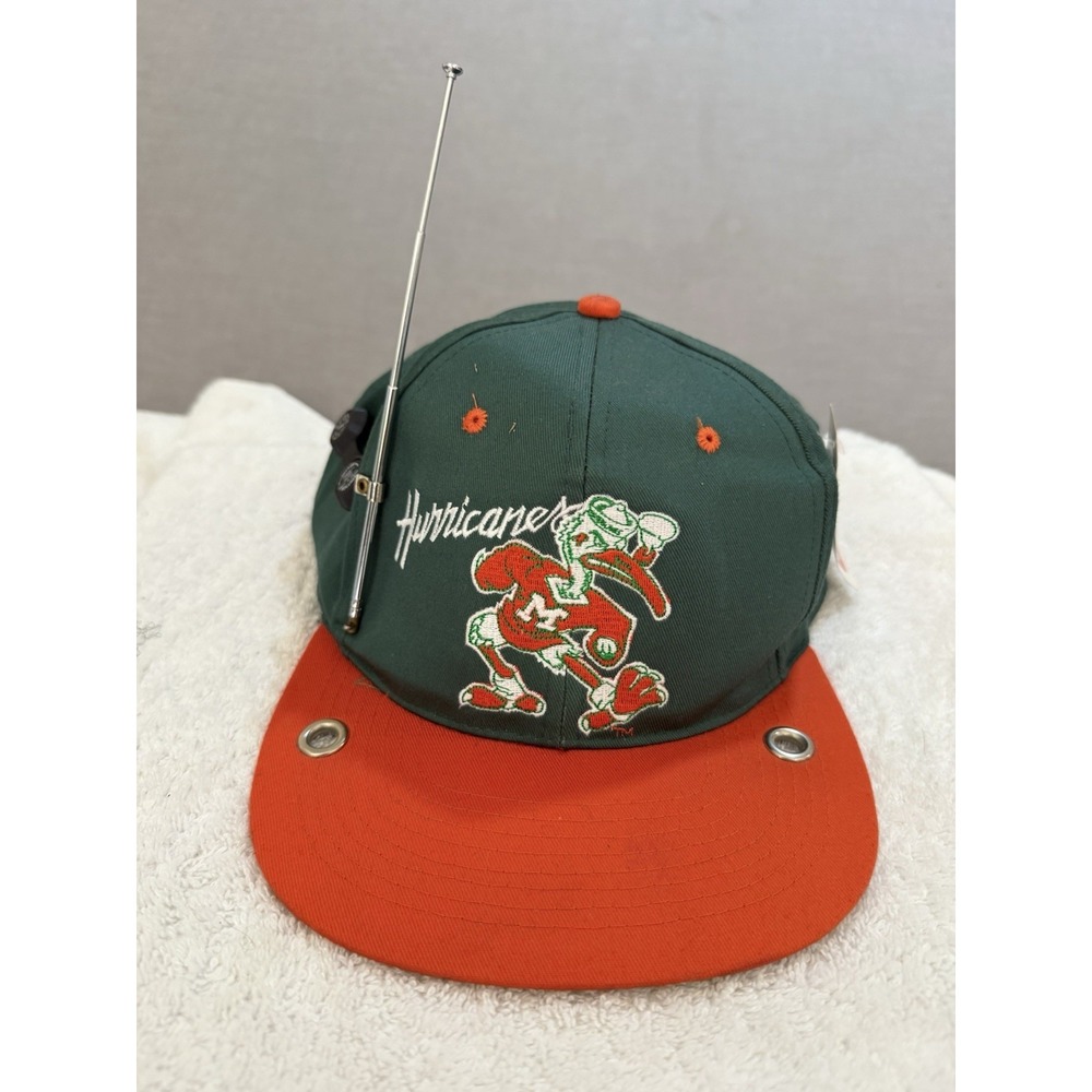 Vintage Miami Hurricanes Radio Strapback Hat Green Pipe Smoker Cap Ear Buds Rare